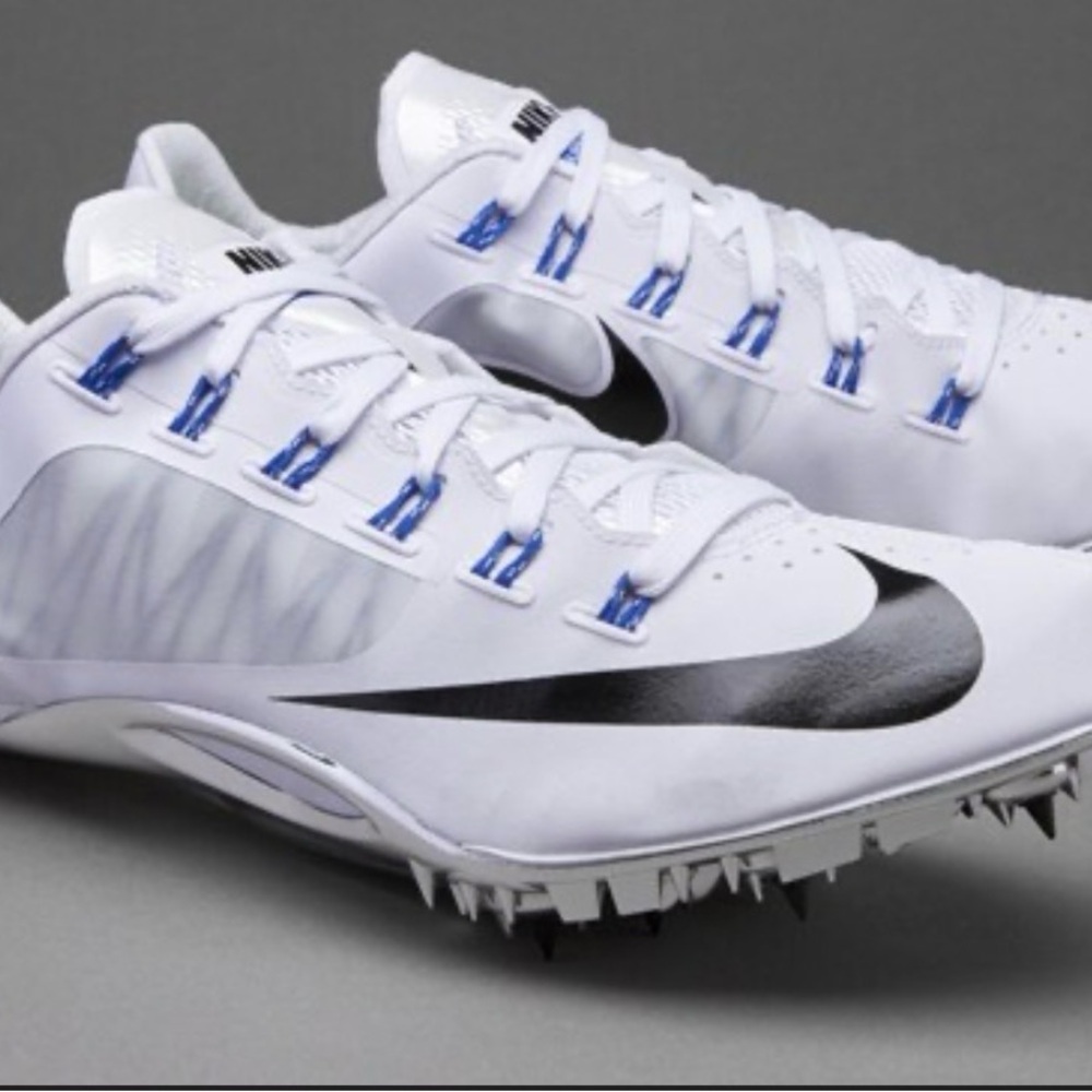Nike fly wire White Track Spikes with Black Swoosh and Blue Accents